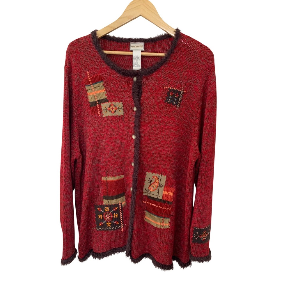 Napa Valley Red Patchwork Embroidered Cardigan Sweater Faux Fur Trim Womens 2X